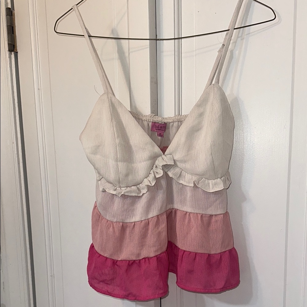 Francesca’s Pink and White Tiered Ruffle Top